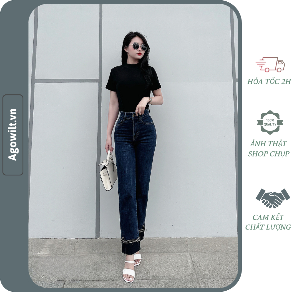 Quần Jean Nữ Ống Đứng Lưng Cao Phối Xích Viền Gấu Độc Đáo Chất Vải Co Giãn Cao Cấp Phong Cách Hàn Quốc -Agowilt Q009