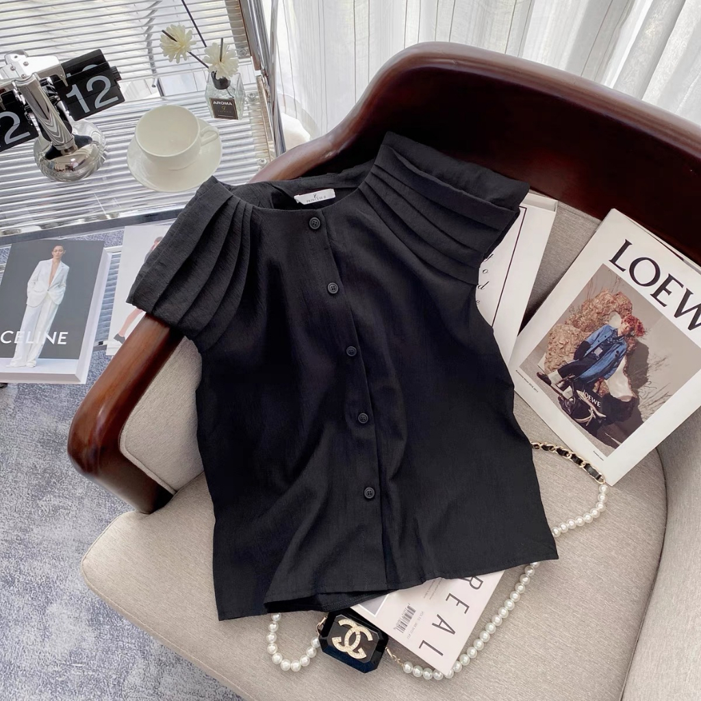 ÁO SOMI 2 MÀU ĐEN - NÂU LINEN THUN XẾP LY VAI