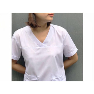 Bộ Scrubs bác sĩ, blouse cổ tim, đồng phục điều dưỡng, spa, thẩm mỹ viện, dược sĩ,Màu trắng vải Lon nhật.
