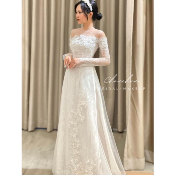 Áo dài cưới, áo dài cô dâu màu trắng đính hoa cao cấp