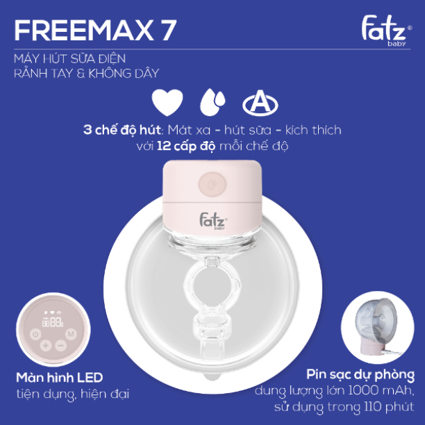 Máy hút sữa điện rảnh tay và không dây Fatzbaby Freemax 7 - Fatz FB1222TP - Không BPA, An toàn tiện dụng cho Mẹ và Bé