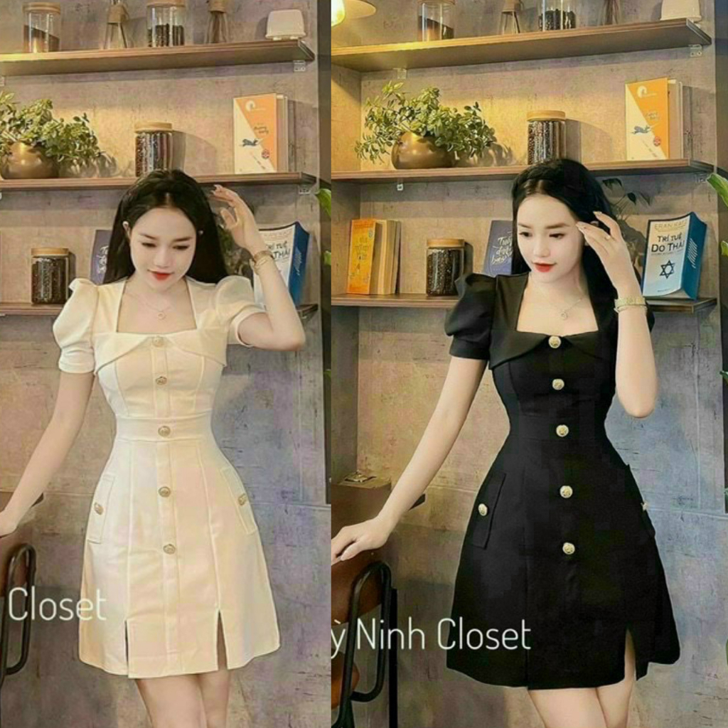 Đầm váy nữ dự tiệc sang chảnh cổ vuông phối tay phồng họa tiết đính nút, xẻ tà nhẹ nhàng duyên dáng dành cho các nàng