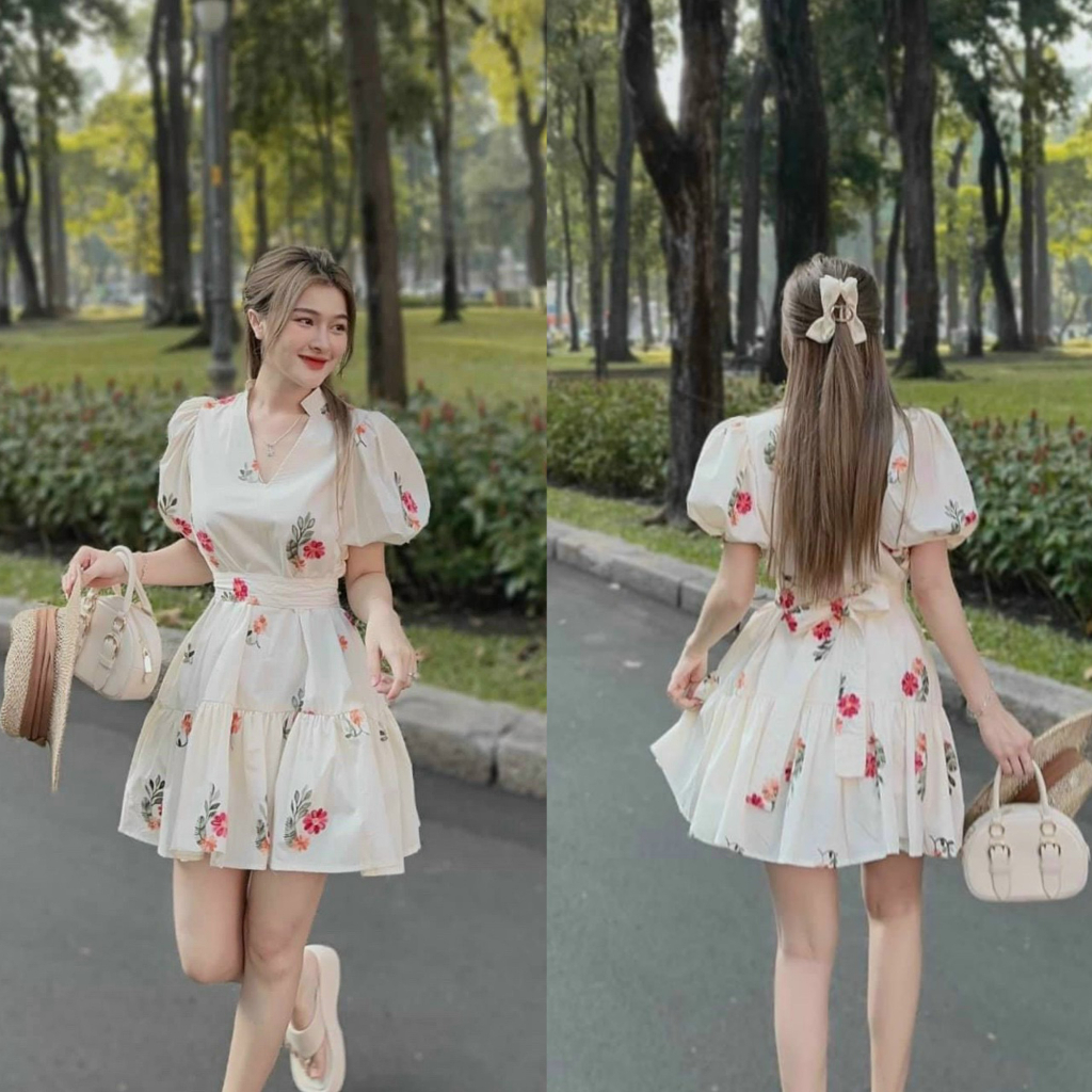 Đầm váy hoa cổ tàu dáng xòe tay phồng sang chảnh, cột nơ eo xinh xắn với tone màu kem nhẹ nhàng phù hợp dự tiệc, đi biển