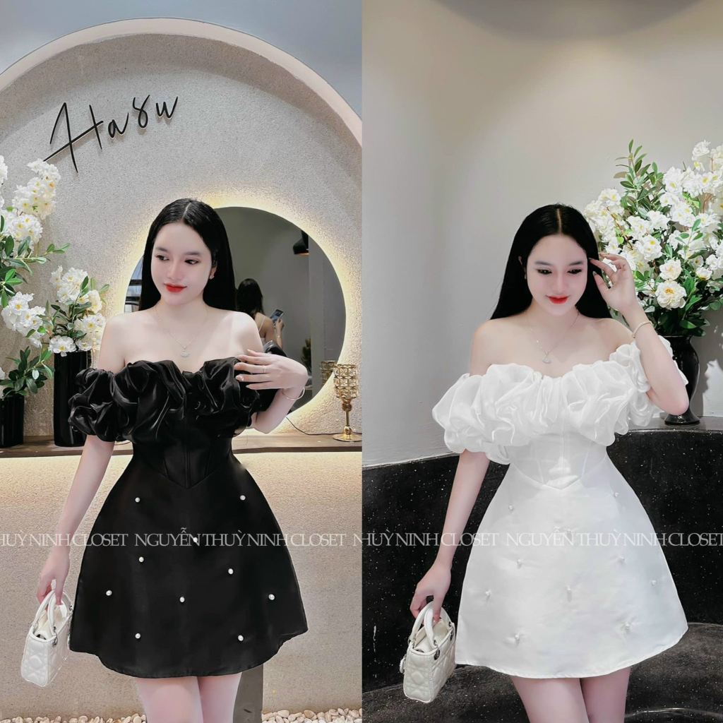 Đầm váy nữ xòe trễ vai đính cườm, xếp bèo voan siêu xinh xắn với 3 tone màu sang chảnh, thích hợp cho các nàng dự tiệc