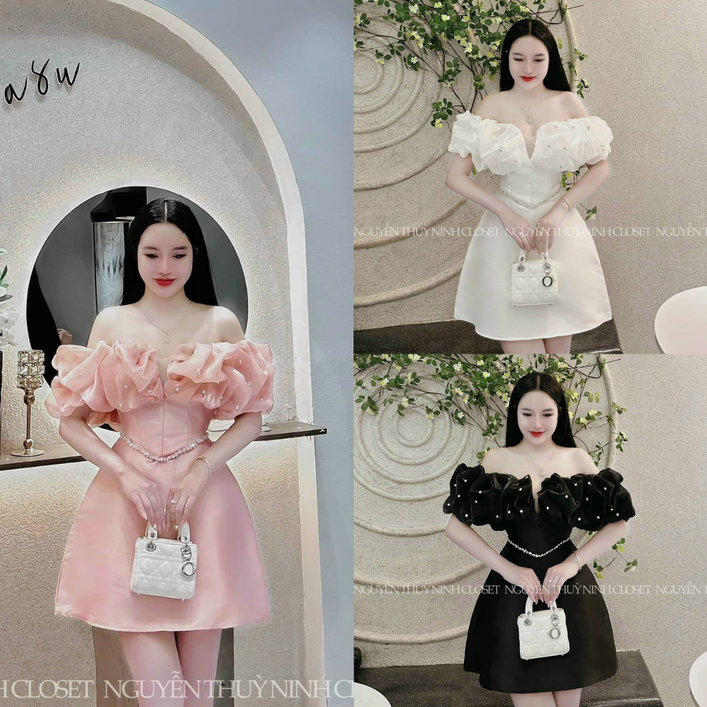 Đầm váy nữ dự tiệc sang chảnh tapta trễ vai đính cườm khoét ngực bếp voan bèo đính dây đá eo cực kì tôn dáng, quý phái