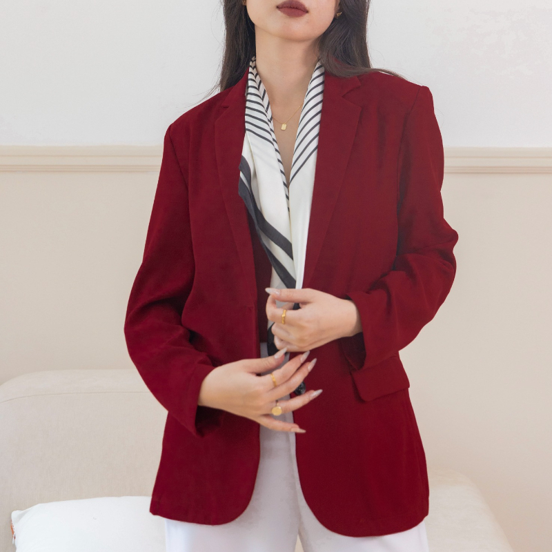 Áo vest nữ blazer KHÀN Julia màu đỏ huyết dụ tay dài form suông 1 lớp phong cách Hàn Quốc thanh lịch