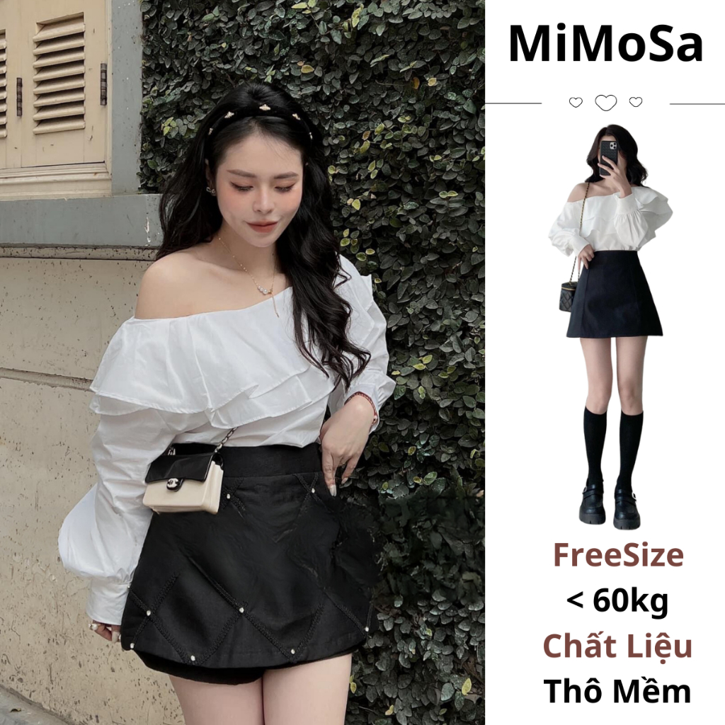 Áo Lệch Vai Bèo Ngực Nữ MiMoSa, Áo Trễ Hở Vai Dài Tay Chất Liệu Thô Mềm Hàn Quốc FreeSize 151