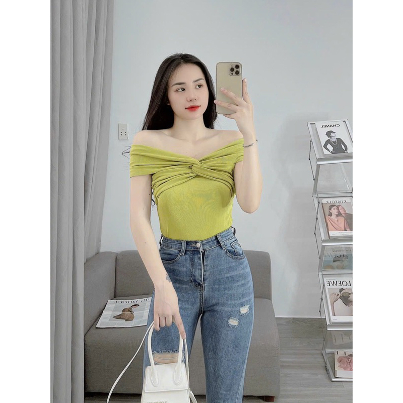 Áo thun nhung kim tuyến xoắn trễ vai sang chảnh dành cho nữ