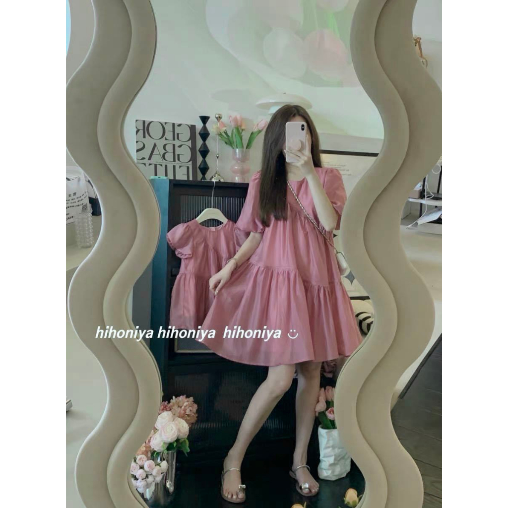 B935- VÁY HỒNG TAY BỒNG MẸ CON