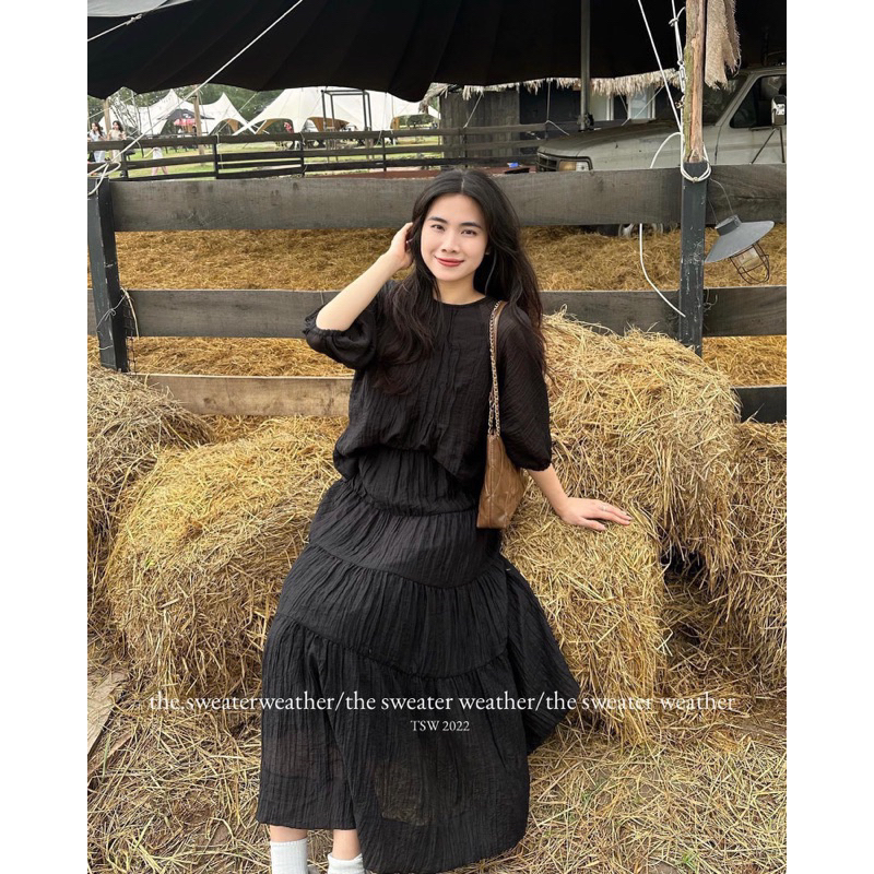 Set áo babydoll cổ tròn tay lỡ tơ nhăn mix chân váy midi Vintage LYLY