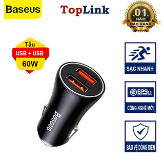 Tẩu Sạc Nhanh Trên Ô Tô Baseus Công Suất 60w Cổng Type C Và USB A Tương Thích Xiaomi Iphone Huawei Samsung