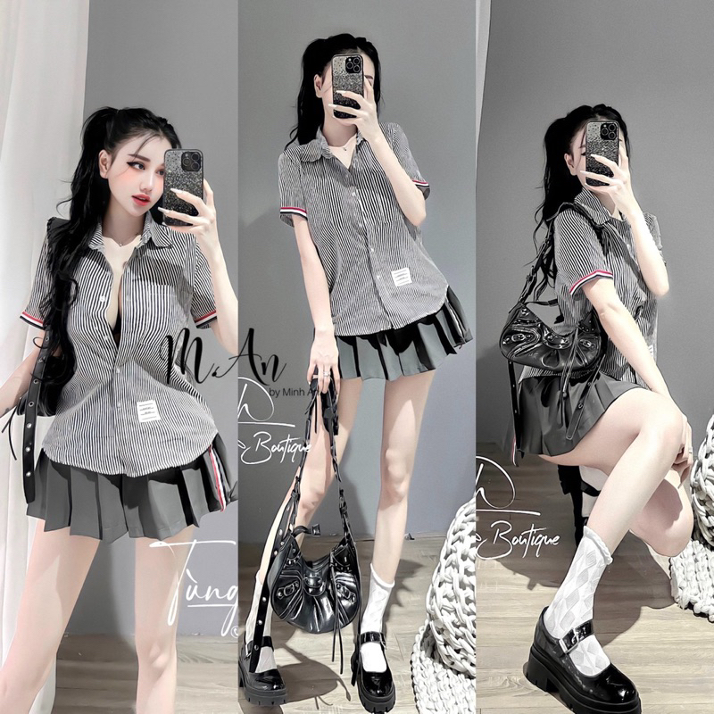 Set áo sơmi Thom + chân váy xếp ly học sinh