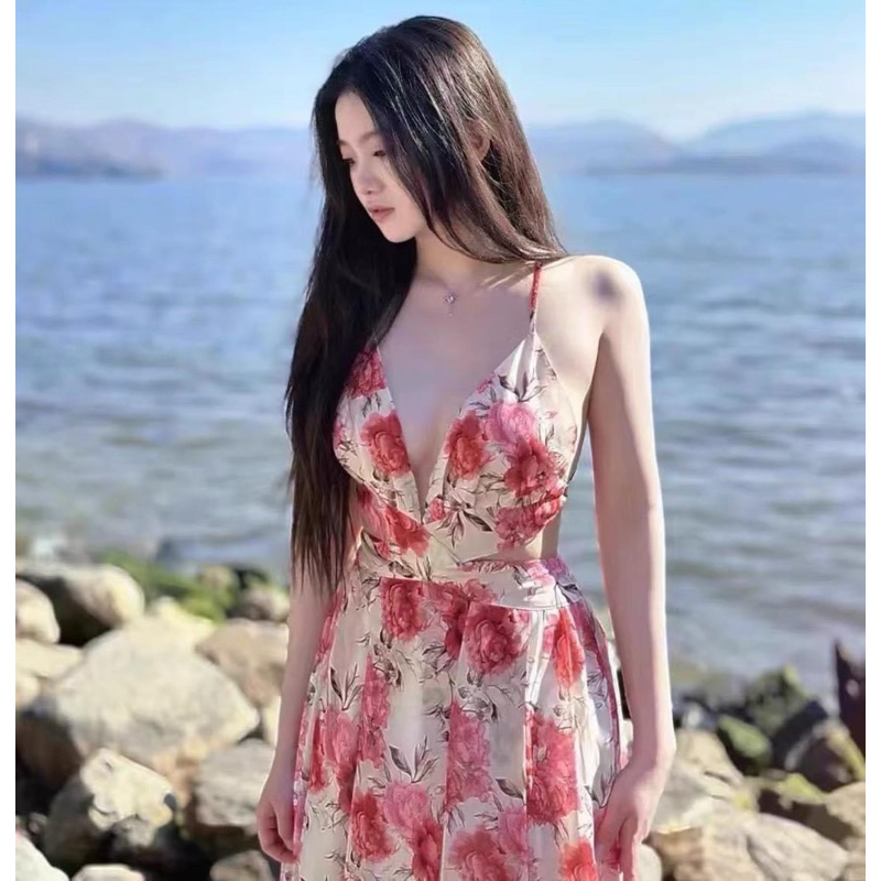(Bán sỉ) MAXI HOA CAM NỀN NUDE CỔ YẾM ĐAN LƯNG XẺ ĐÙI