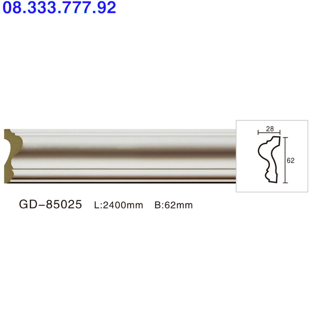 Phào PU chỉ tường trơn bản rộng 6.2cm, kích thước cắt 2x1m2, trang trí nội thất tường trần nhà, mã GD-85025 (2m4)