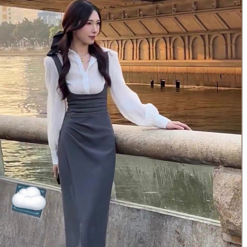 Set váy yếm gồm áo sơ mi phối yếm hai dây ôm body Luffi-  Yam Mini Store