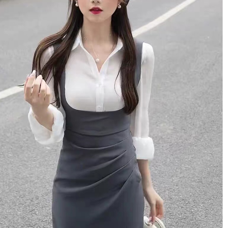 Set váy yếm gồm áo sơ mi phối yếm hai dây ôm body Luffi-  Yam Mini Store