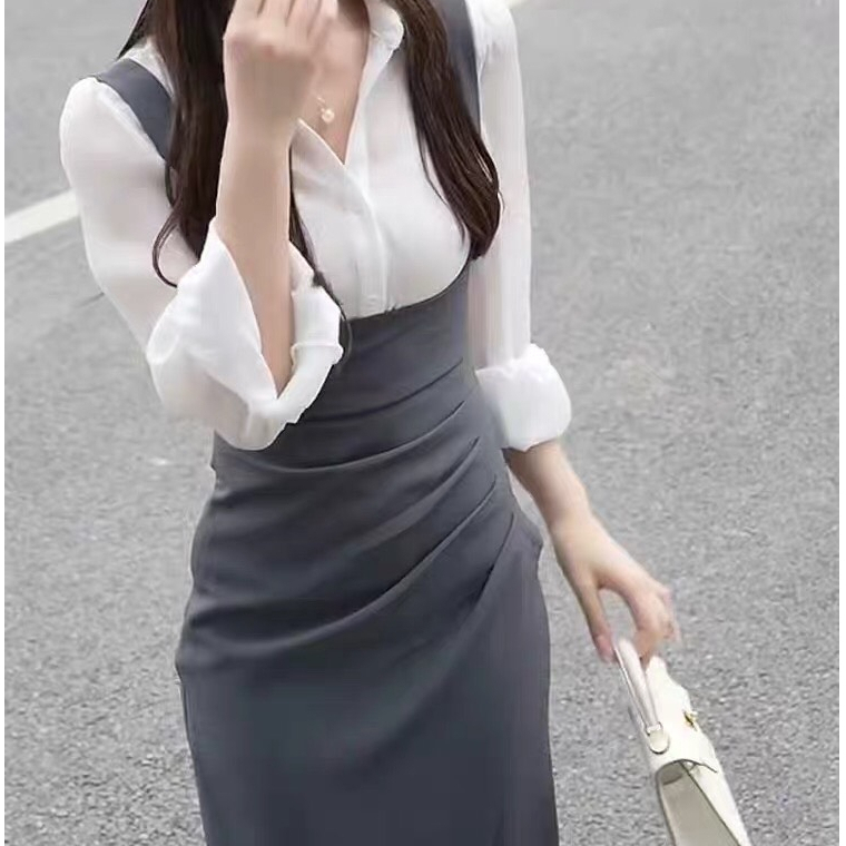 Set váy yếm gồm áo sơ mi phối yếm hai dây ôm body Luffi-  Yam Mini Store