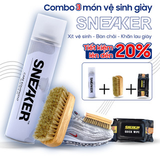Bộ phụ kiện chăm sóc giầy dép Shoes 2h Sneaker 3 món gồm bình sịt, bàn chải đánh và 1 gói 32 khăn giấy vệ sinh sạch dầy.