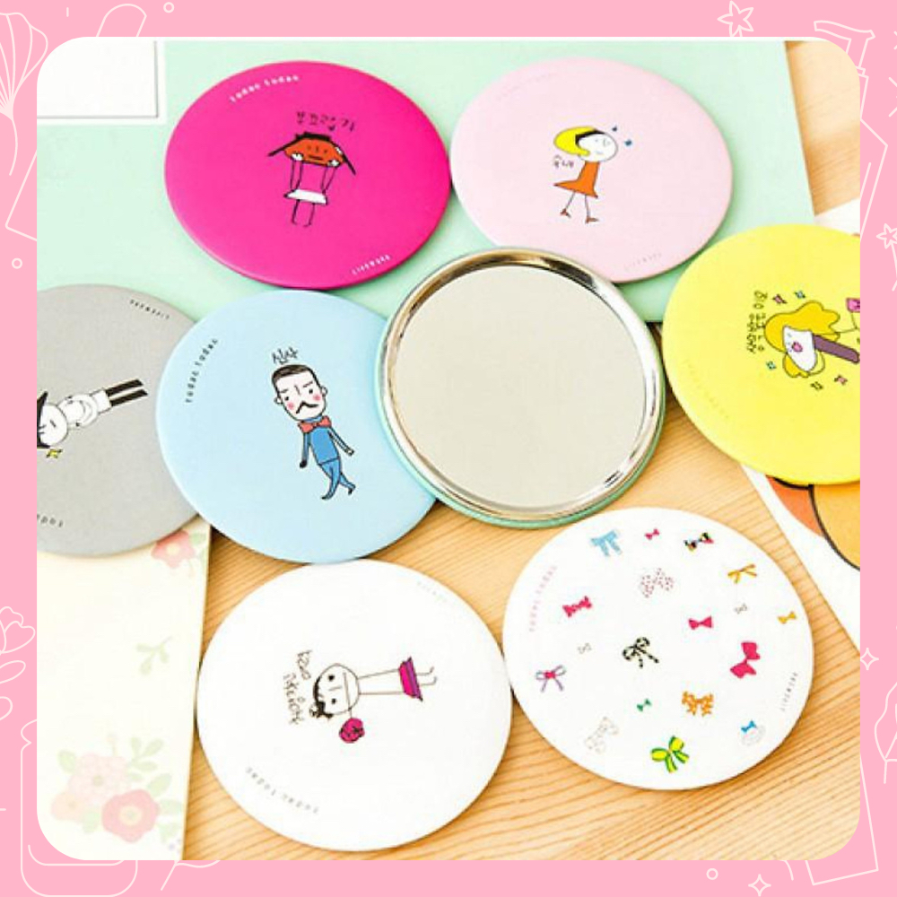 Gương mini tròn cầm tay phong cách Hàn Quốc hoạ tiết dễ thương