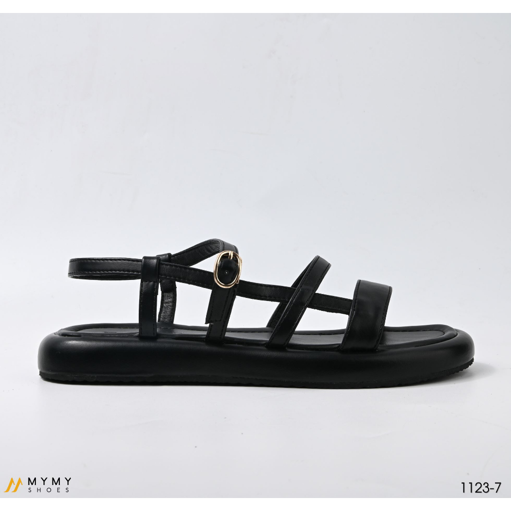 Sandal nữ đế bằng 2p dây mảnh thiết kế basic móc khóa mymyshoes màu đen và kem 1123-7