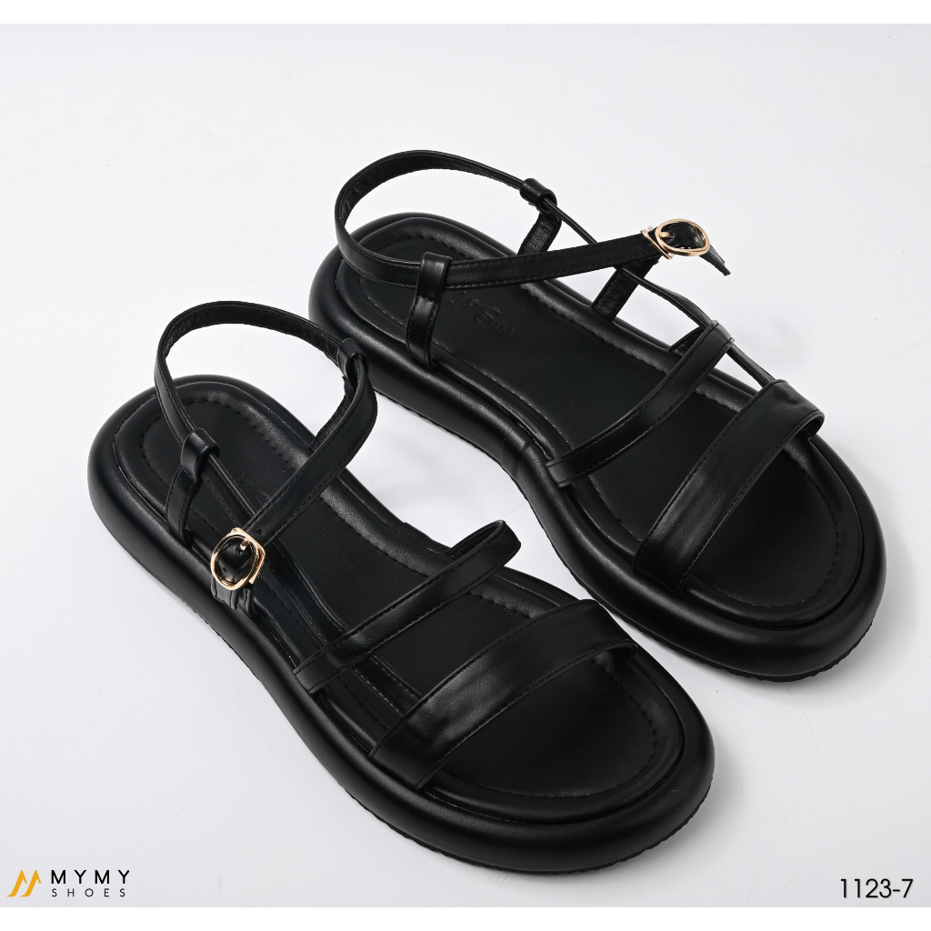 Sandal nữ đế bằng 2p dây mảnh thiết kế basic móc khóa mymyshoes màu đen và kem 1123-7