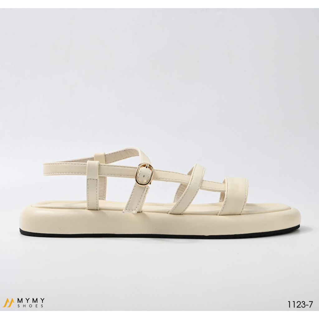 Sandal nữ đế bằng 2p dây mảnh thiết kế basic móc khóa mymyshoes màu đen và kem 1123-7