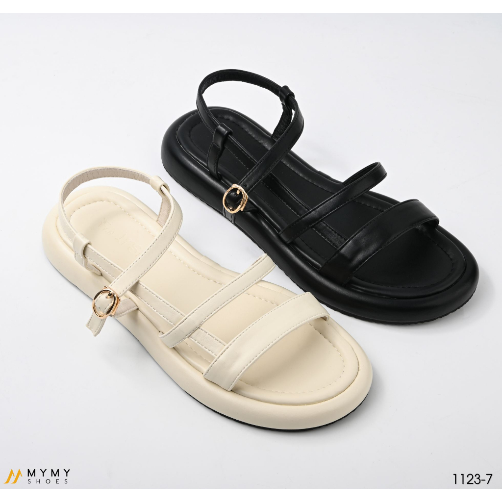 Sandal nữ đế bằng 2p dây mảnh thiết kế basic móc khóa mymyshoes màu đen và kem 1123-7