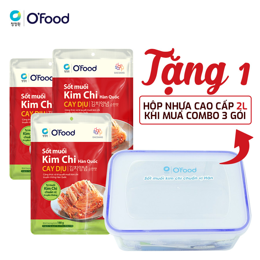 Combo 3 sốt muối kim chi cay dịu O'food 180g / gói tặng 1 hộp nhựa cao cấp 2L