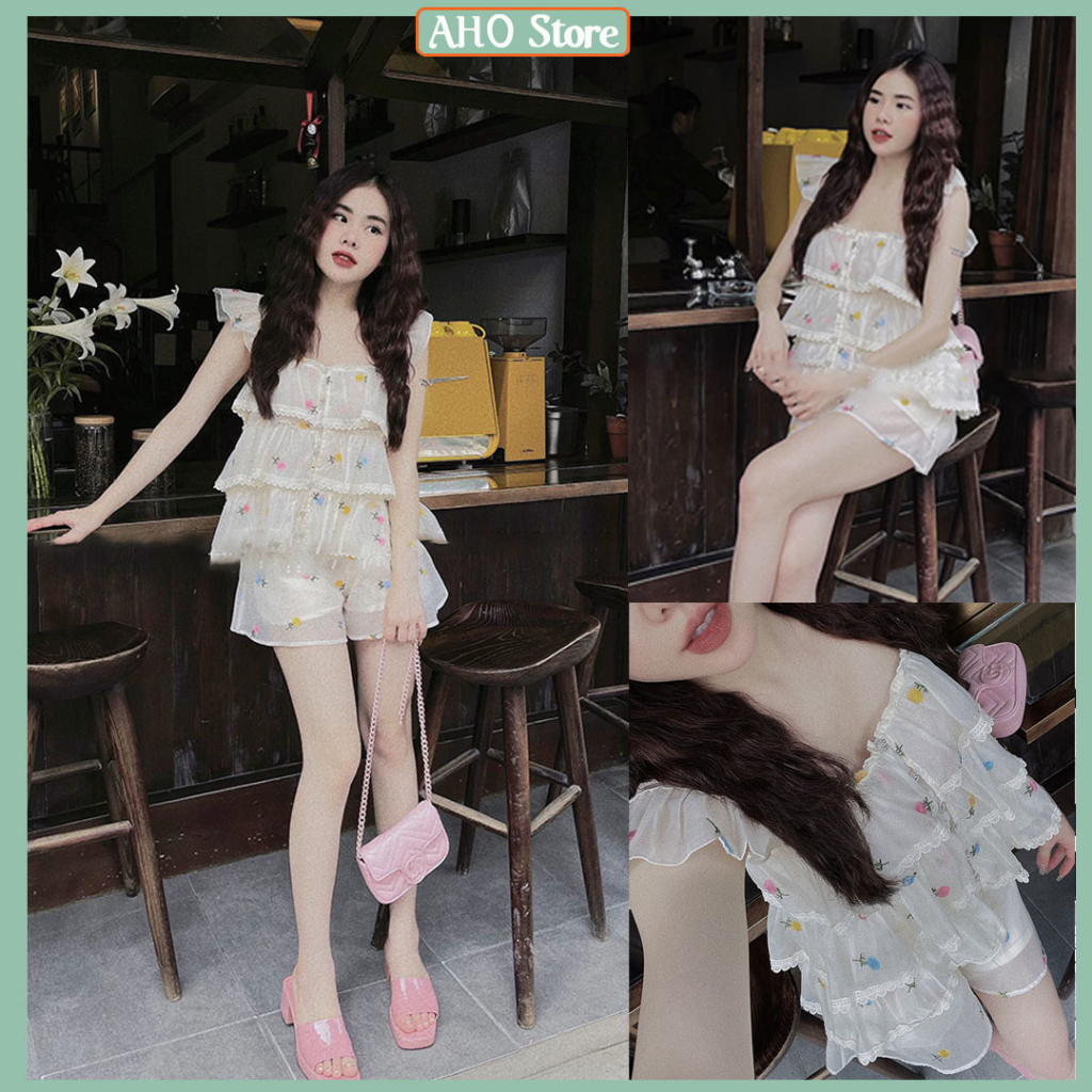 Bộ Đồ Nữ Áo 2 Dây Cánh Tiên Tơ Hoa Ren Tầng Mix Quần Tơ Sooc Có Lớp Lót Freesize