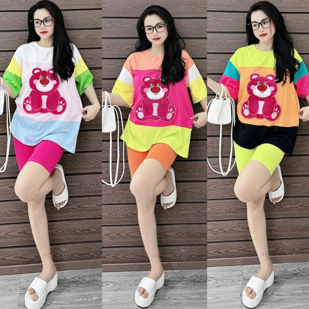 Đồ bộ ngố, set đồ bộ nữ quần lửng đai cao có túi kèm áo ngắn tay form rộng thêu gấu hồng vải thun tici, đồ mặc ở nhà nữ