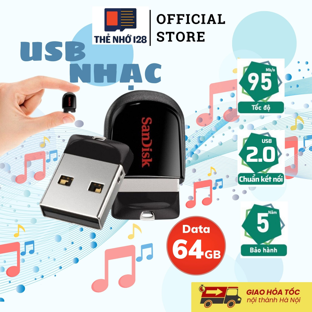 USB ô tô, USB xe hơi, loa kéo Siêu nhỏ gọn, có sẵn nhạc chuyên dùng cho Ô tô USB Sandisk 64GB Chính hãng- Bảo hành 5 năm