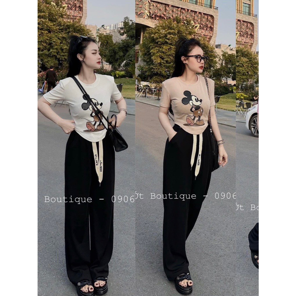 Set Bộ Đồ Nữ Áo Croptop Mickey Vạt Bầu Ngắn Tay Mix Quần Suông Đen Ống Rộng Freesize