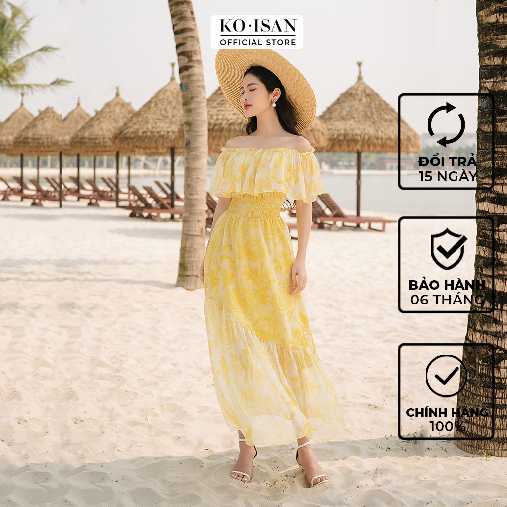 Đầm maxi đi biển KOISAN trễ vai thiết kế lớp bèo mềm mại họa tiết hoa vàng nhẹ nhàng xinh xắn S2382008