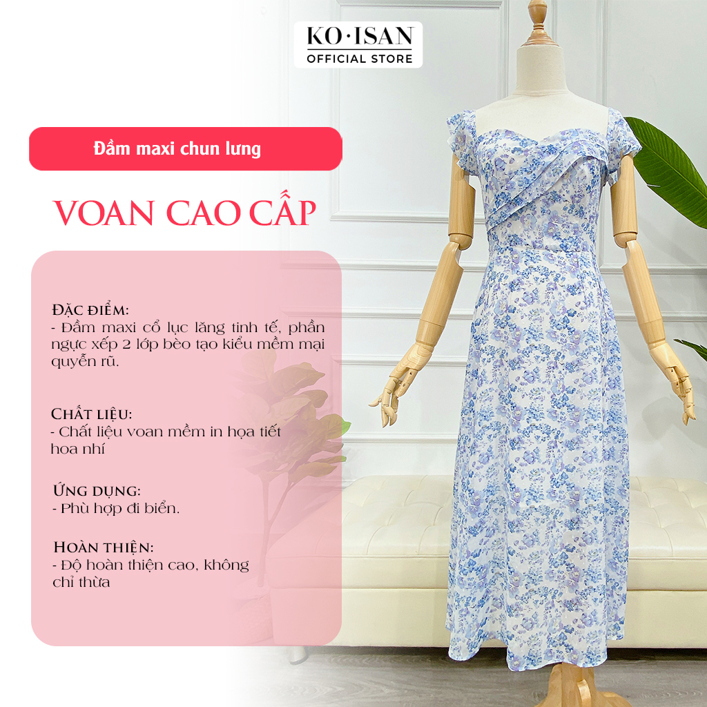 Đầm maxi đi biển KOISAN chun lưng ngực xếp bèo tạo kiểu quyễn rũ chất liệu voan họa tiết xinh xắn S2382005