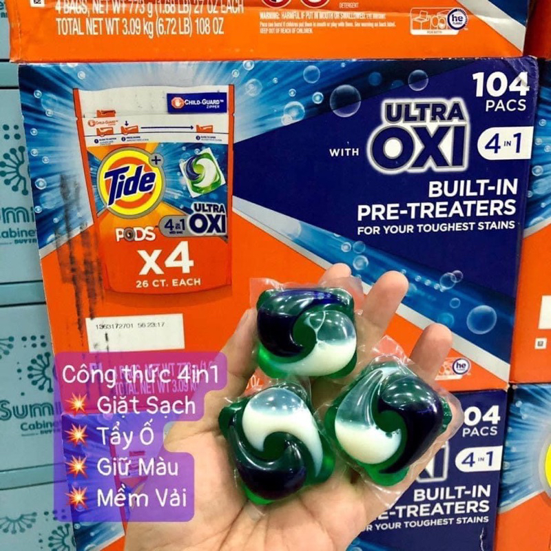 Viên giặt quần áo Tide Ultra Oxi 4 in 1, túi 26 viên