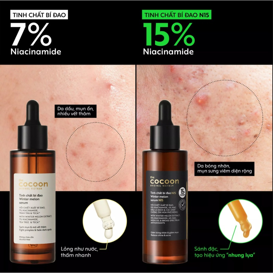 Combo Serum tinh chất bí đao Cocoon 70ml 15% niacinamide giảm mụn + Kem chống nắng bí đao quang phổ rộng 50ML