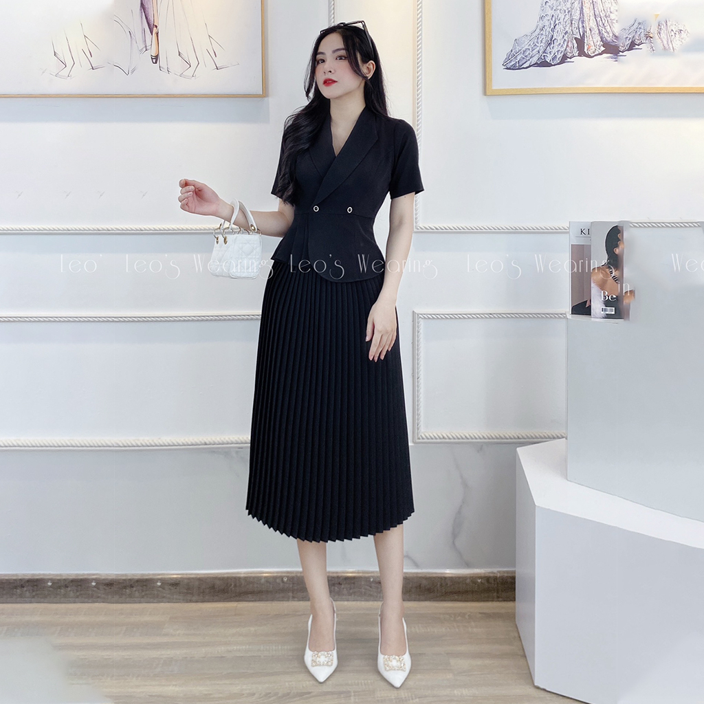 Set cáy công sở đen LEOSWEARING áo vest tay ngắn mix chân váy xếp li A260