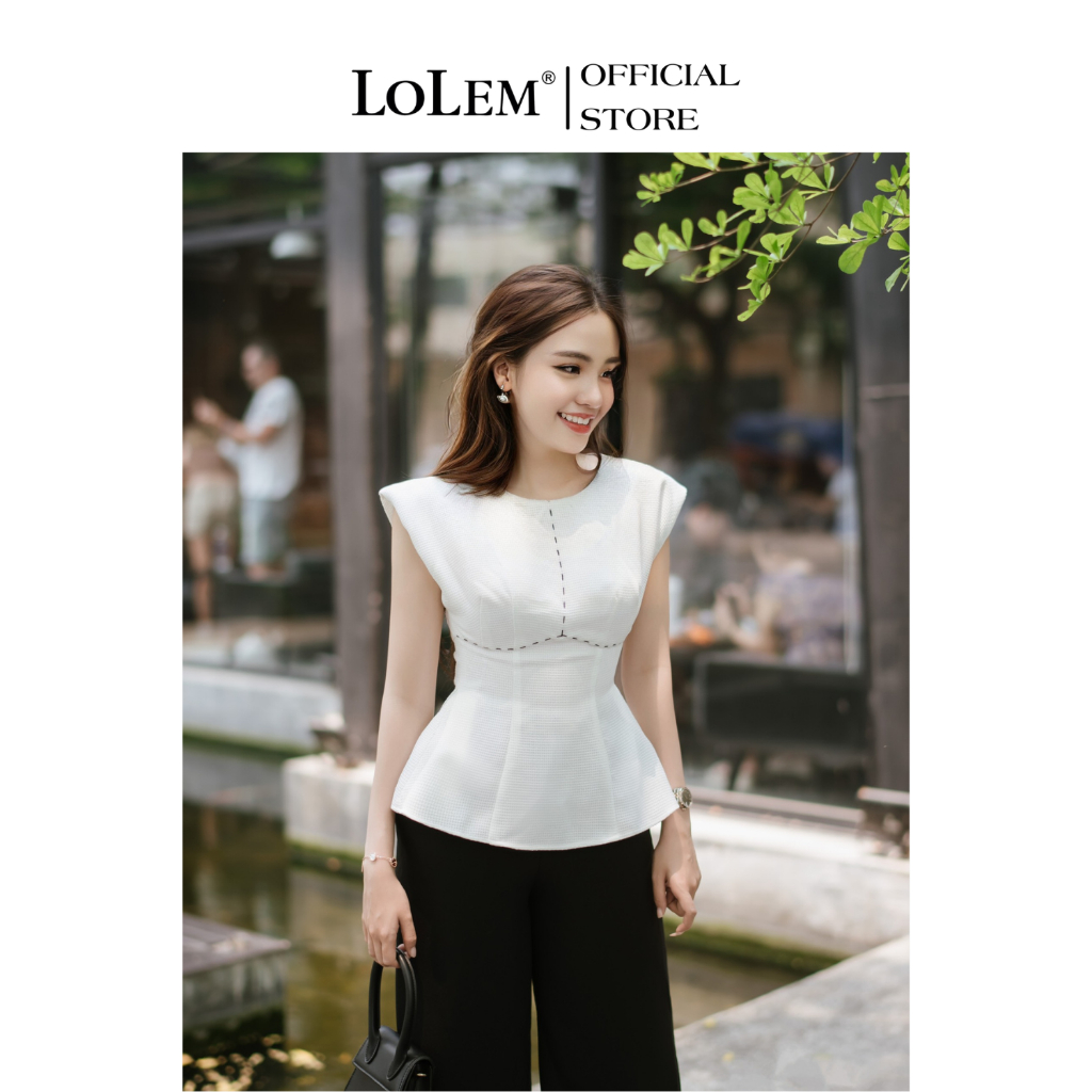 Áo peplum LOLEM AK1352 cổ tròn thêu chỉ chất linen thoáng mát