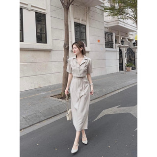 Set áo croptop cổ vest kèm chân váy suông