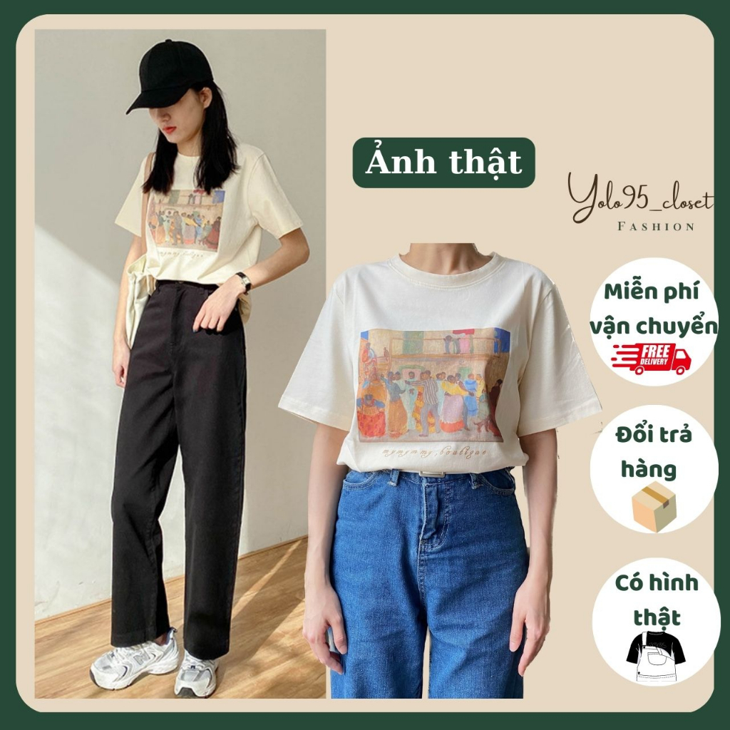 Áo ngắn tay nữ, Áo phông tay ngắn in bức tranh sơn dầu chất vải đẹp phong cách Hàn Quốc