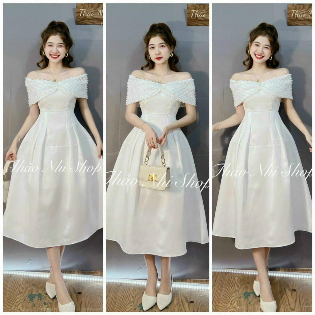 Đầm trễ vai công chúa dáng xòe xinh xắn, thanh lịch, quý phái phù hợp đi tiệc, dạ hội