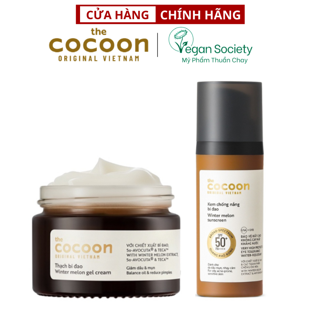 Combo Thạch Bí Đao cocoon (kem dưỡng ẩm) cấp ẩm và ngừa mụn 30ml + Kem chống nắng bí đao Cocoon 50ml quang phổ rộng