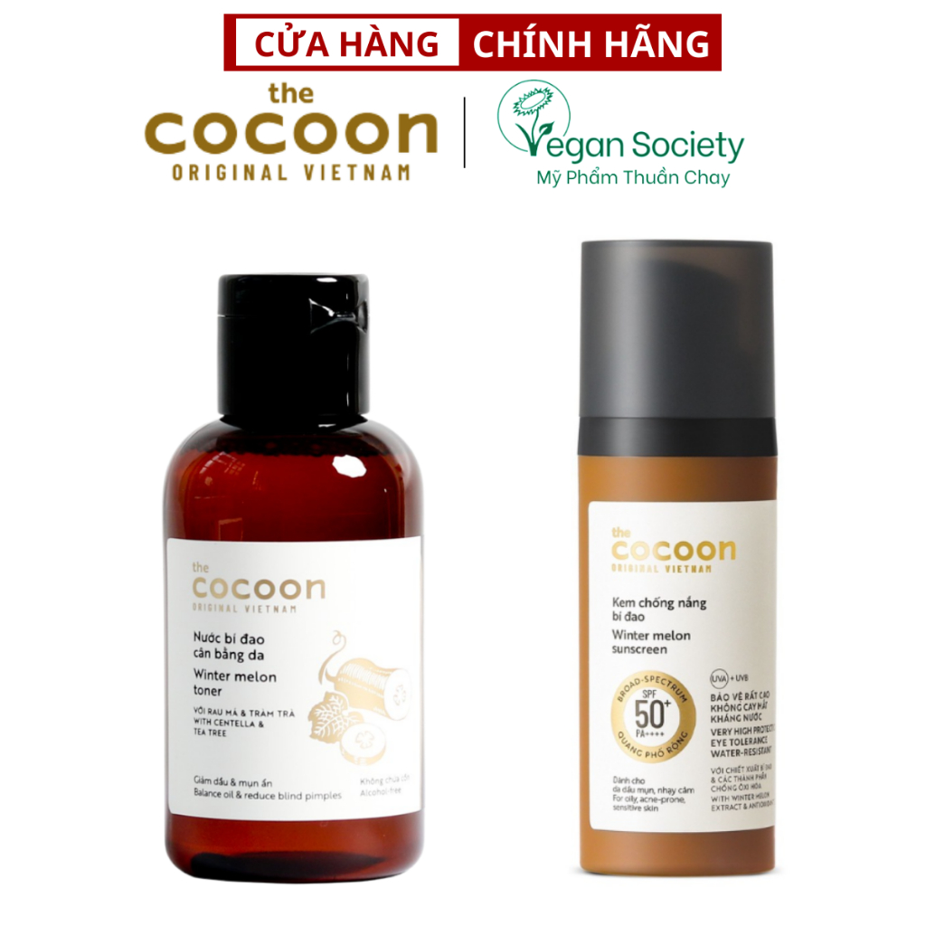 Combo Nước bí đao cân bằng da Cocoon 140ml + Kem chống nắng Cocoon bí đao quang phổ rộng 50ml