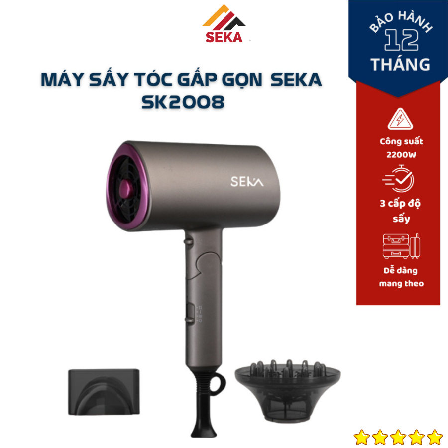 Máy sấy tóc công suất lớn 2200W, Máy sấy tóc 2 chiều nóng lạnh SEKA SK2008 tạo kiểu với 3 chức năng sấy