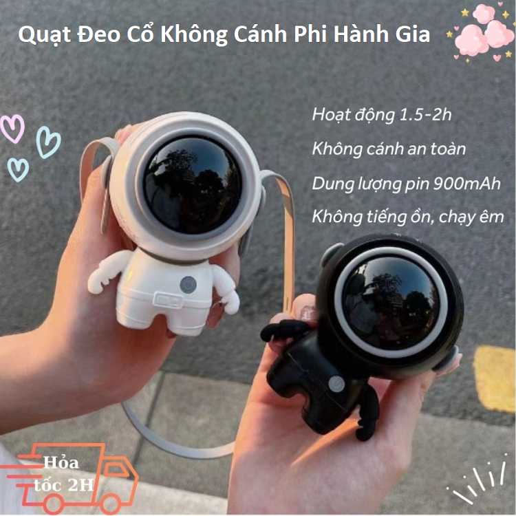 Quạt Không Cánh, Quạt Mini Đeo Cổ, Để Bàn, Cầm Tay, Hình Dáng Phi Hành Gia, Nhỏ Gọn, 3 Tốc Độ, Pin Sạc - Tích Điện - USB