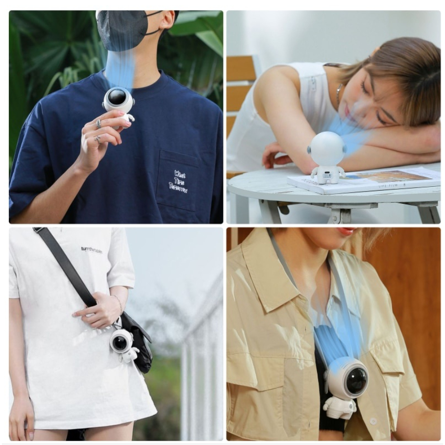 Quạt Không Cánh, Quạt Mini Đeo Cổ, Để Bàn, Cầm Tay, Hình Dáng Phi Hành Gia, Nhỏ Gọn, 3 Tốc Độ, Pin Sạc - Tích Điện - USB