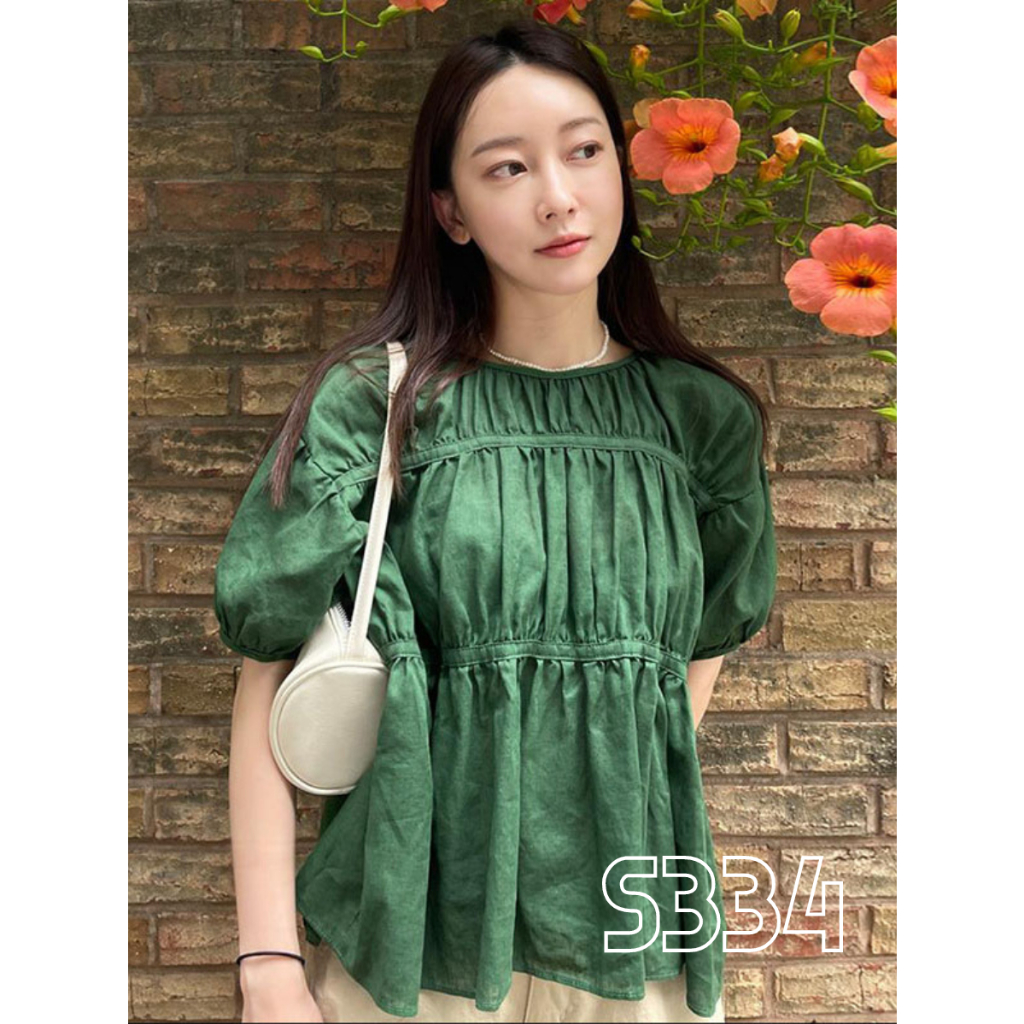 Áo kiểu LULUCHICO S334 | áo kiểu nữ form rộng, cổ tròn xếp ly màu xanh | Áo kiểu brand chính hãng cao cấp