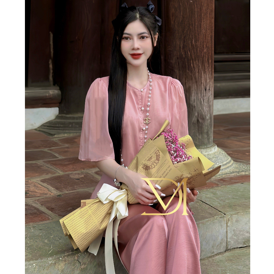 Set lụa cao cấp 2 tà áo tay ngắn cúc ngọc phối quần suông thời trang pháp phục thiết kế đi chùa đi lễ thanh lịch LEVAN