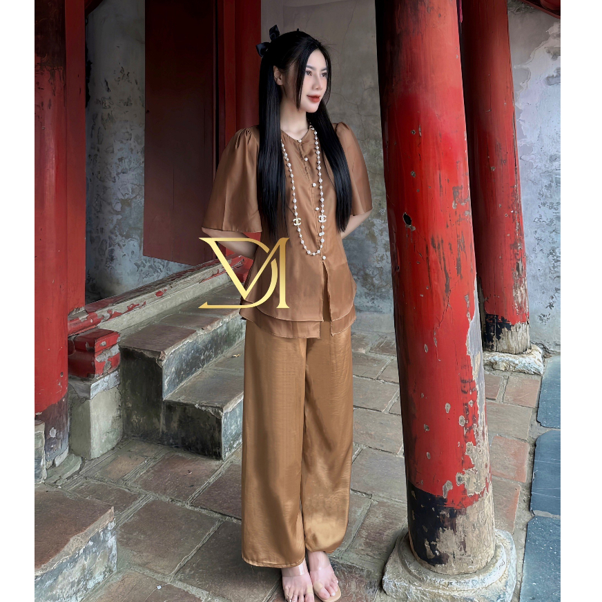 Mua Set lụa cao cấp 2 tà áo tay ngắn cúc ngọc phối quần suông thời ...