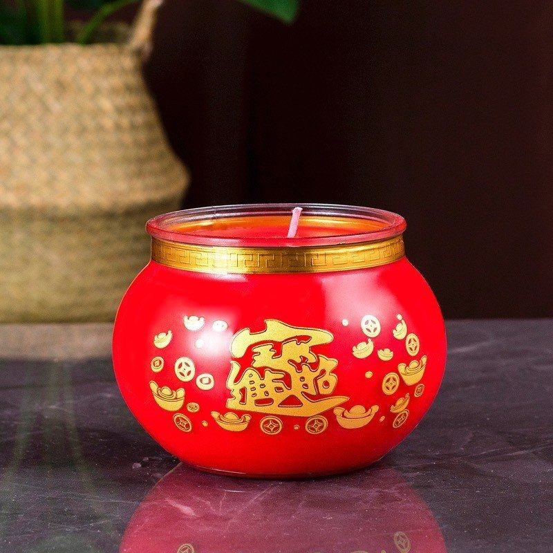 Nến Bơ , đèn cầy ly chữ phật , sen , chữ bảo , đèn cầy ly thủy tinh lưu ly 7 màu - phật giáo kim thiền tư